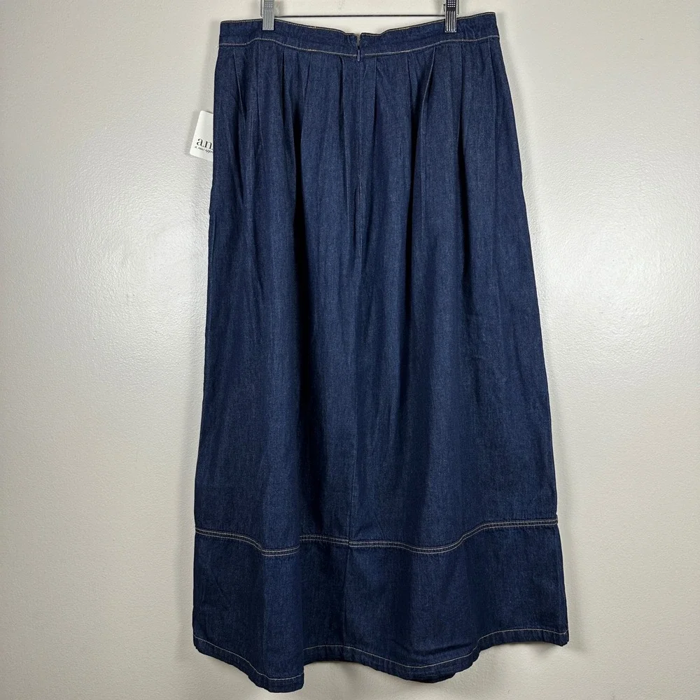 a.n.a Women's 16 Maxi Skirt Dark Wash Blue Pleated Denim High Waist Long NEW